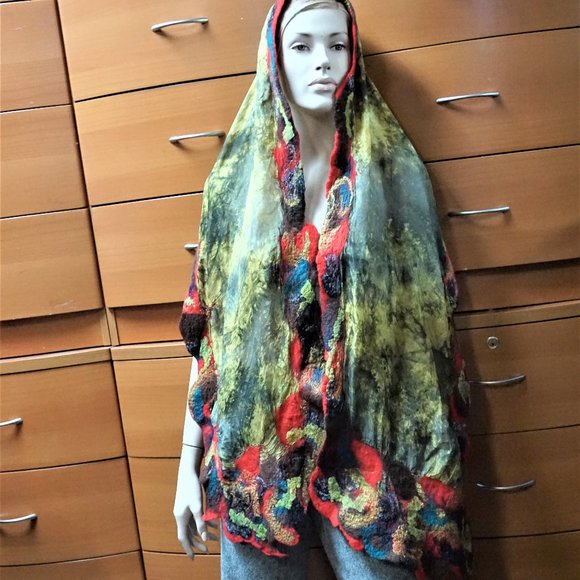 BATIK SILK FELTED WOOL TRIM HUGE SHAWL HANDMADE GIFT FOR WOMEN - Picture 13 of 16